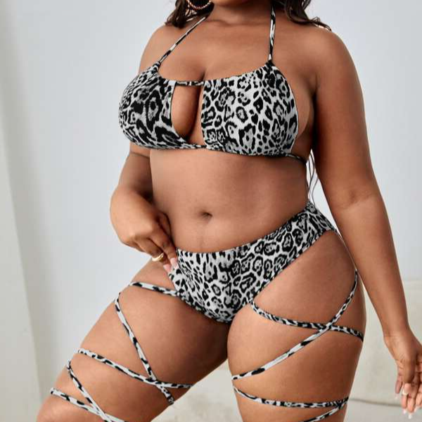 Plus Size Leopard Print Cut Out Lace Up High Waist Bikini Swimsuit Beachwear Swimwear Bikini Sets (3).jpg
