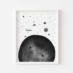 Space nursery print 8x10, Space themed kids room, Planet printable art, Space nursery printable, Monochrome nursery art
