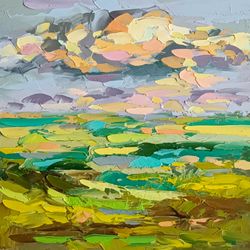 landscape painting clouds original art field oil painting small wall art
