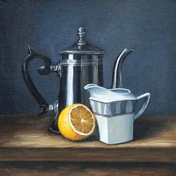 lemon painting, original art, fruit painting, food artwork, teapot  artwork, still life painting, 12 by 12 in