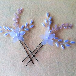Set of 2 hair pin, White flower hair pin with flexible twigs, Wedding hairpin, Crystal bridal hair pin