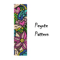 Flower Beaded Peyote Pattern, Multicolor Bright Beading Bracelet, peyoted seed bead patterns Digital PDF