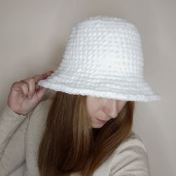 Crochet bucket hat White furry bucket hat Fluffy bucket hat for women