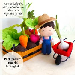 Felt farmer with shovel, wheelbarrow and vegetables garden hand sewing PDF tutorial with patterns. Role playing food