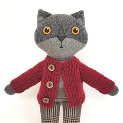 Cat handmade stuffed doll, wool plush kitten toy, cat soft doll