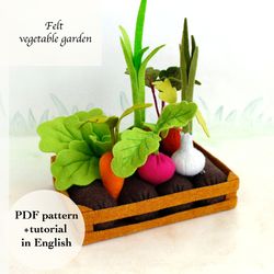 felt vegetables garden with beds hand sewing pdf tutorial with patterns. role playing food pattern. felt kitchen toys