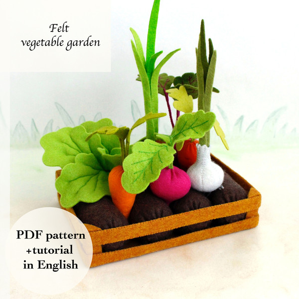 Felt vegetable garden with beds of carrots, radish, lettuce, onion, garlic and beet