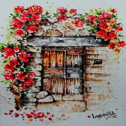 City Scape  Painting Original Watercolor Art Work Italy Streets Floral Painting Roses Watercolor Painting