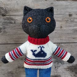 Black cat boy, kitten wool soft toy, handmade plush stuffed doll
