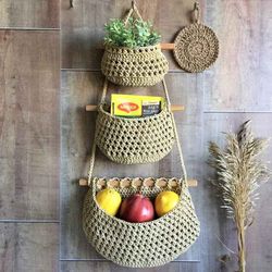 Wall Hanging Fruit Basket Kitchen Set For Storing Vegetables Three tier Basket Rustic Style Thanksgiving gift