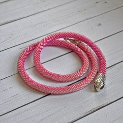 Pink necklace, ouroboros, wrap beads bracelet, fancy beaded necklace, 21st birthday gift for her