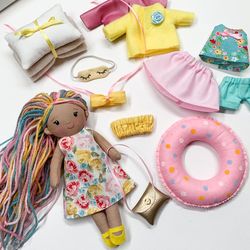 Rag doll with clothes, Rainbow haired cloth doll with the set of clothes