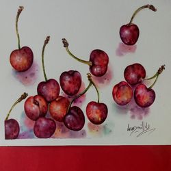 cherries painting original watercolor art realistic fruits still life painting for the kitchen dining room