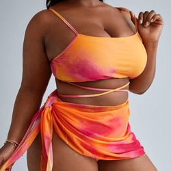 Plus Size 3Pcs Tie Dye Print High Waist Skirt Bikini Swimsuit Beachwear Swimwear Bikini Sets Summer Beach