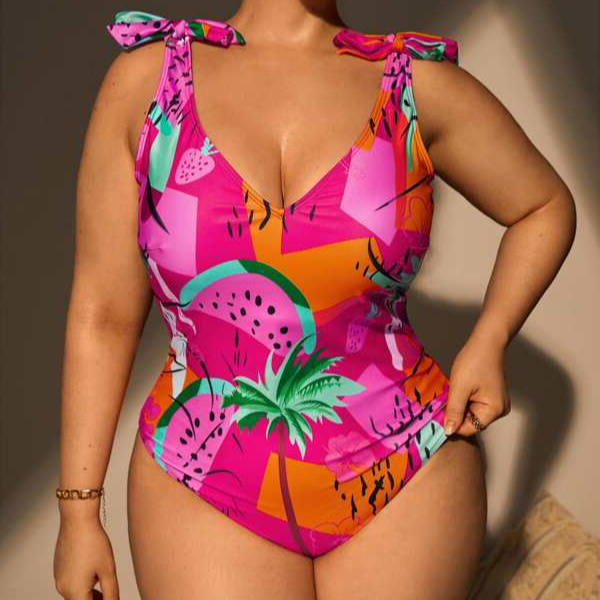 Plus Tropical Fruit Print V Neck Tie Shoulder Backless One Piece Swimsuit Beachwear Swimwear Beach Sea Summer (1).jpg