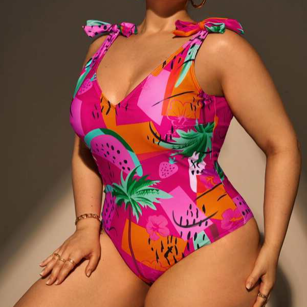 Plus Tropical Fruit Print V Neck Tie Shoulder Backless One Piece Swimsuit Beachwear Swimwear Beach Sea Summer (5).jpg