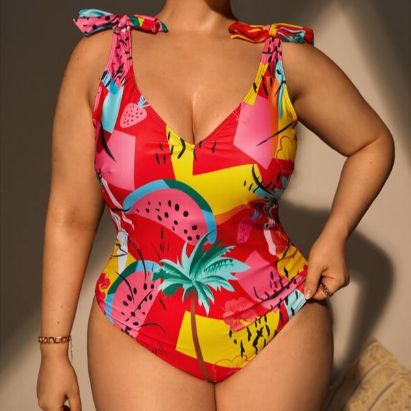 Plus Tropical Fruit Print V Neck Tie Shoulder Backless One Piece Swimsuit Beachwear Swimwear Beach Sea Summer (6).jpg