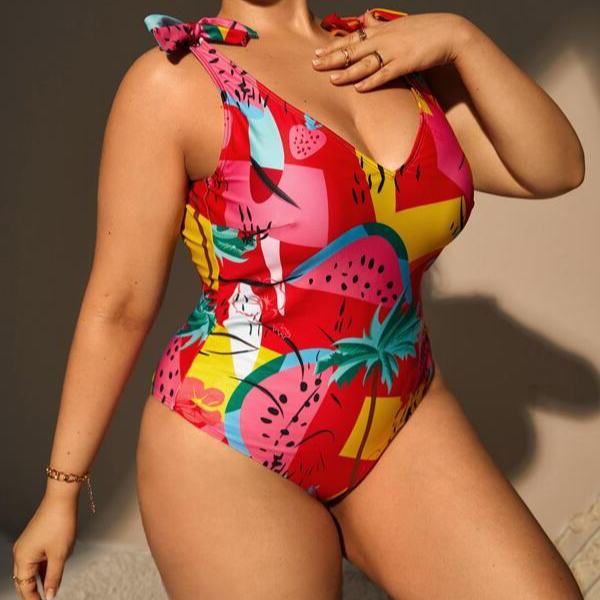 Plus Tropical Fruit Print V Neck Tie Shoulder Backless One Piece Swimsuit Beachwear Swimwear Beach Sea Summer (10).jpg