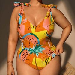 Plus Tropical Fruit Print V Neck Tie Shoulder Backless One Piece Swimsuit Beachwear Swimwear Beach Sea Summer
