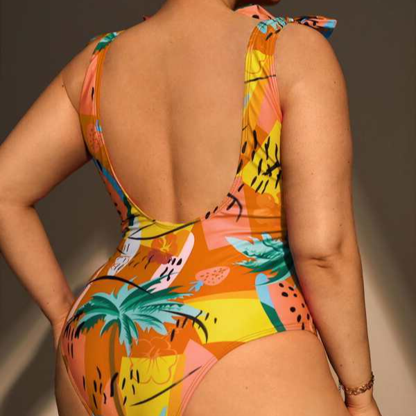 Plus Tropical Fruit Print V Neck Tie Shoulder Backless One Piece Swimsuit Beachwear Swimwear Beach Sea Summer (12).jpg