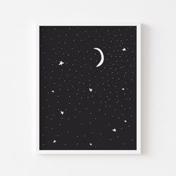 Moon and stars, Starry sky print, Nursery wall art, Jpg, Digital file, So cute print for nursery, Monochrome art