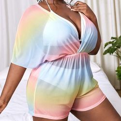 Plus Size Ombre Print Deep V Neck Batwing Sleeve Backless Cover Up Romper Beachwear Beach Sea Summer