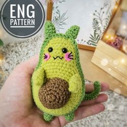 Amigurumi Avocado crochet pattern. Amigurumi avocat crochet pattern. Kawaii crochet cat pattern