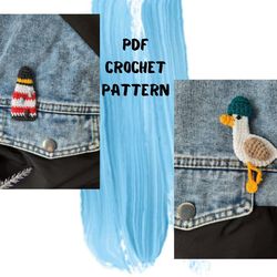 Set seagull crochet pattern and lighthouse pattern  2 in1. Amigurumi mini seagull keychain. Amigurumi lighthouse pattern