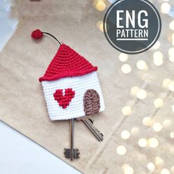 Amigurumi keychain House crochet pattern for Christmas gift. Mini key bag crochet pattern
