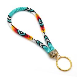 Turquoise bead keychain wristlet, Native America style, Wrist lanyard for keys, Wristlet strap