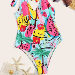 Tropical Fruit Print V Neck Tie Shoulder Backless One Piece Swimsuit Beachwear Swimwear Beach Sea Summer