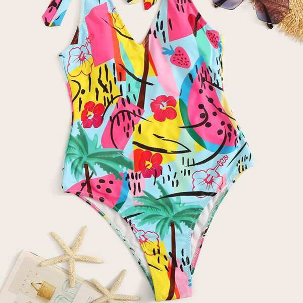 Tropical Fruit Print V Neck Tie Shoulder Backless One Piece Swimsuit Beachwear Swimwear Beach Sea Summer (11).jpg