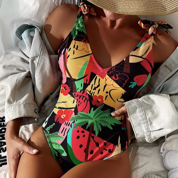 Tropical Fruit Print V Neck Tie Shoulder Backless One Piece Swimsuit Beachwear Swimwear Beach Sea Summer (1).jpg
