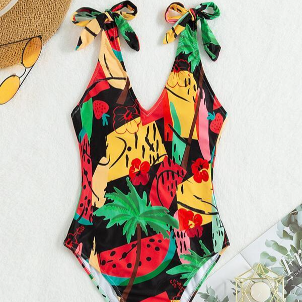 Tropical Fruit Print V Neck Tie Shoulder Backless One Piece Swimsuit Beachwear Swimwear Beach Sea Summer (3).jpg