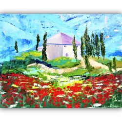 Tuscany Painting Landscape Original Art Poppy Wall Art Tuscany Original Living Room Art