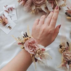 Dried Flower Wrist Corsage Dusty Roses, Boho Bridesmaids Bracelet