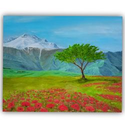 Poppy Painting Landscape Original Art Oil Mountains Painting California Wall Art