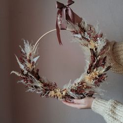 Boho Dried Flower Wreath with Wooden Hoop, Wall Hanging Decor