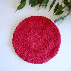 Womens knitted beret. Openwork crochet beret.