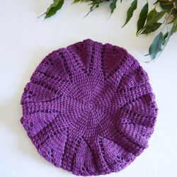 Purple womens crochet beret. Knitted beret.