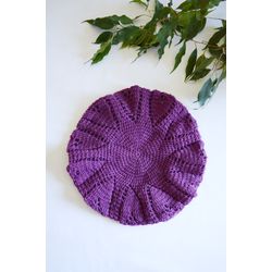 Purple womens crochet beret. Knitted beret.