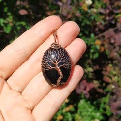 Black Onyx Zen Necklace for Men, Thoughtful Gifts for him, Copper Vibrations, Wire Wrapped Tree Of Life Talisman Pendant