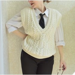 White knitted vest. Handmade wool vest.