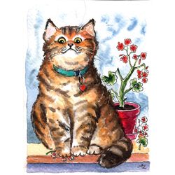 Cat Painting Geranium Original Art Flower Watercolor Artwork Small Wall Art Pet