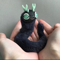Black worm ART toy fantasy creature with blue eyes Plush caterpillar horrible doll collectible