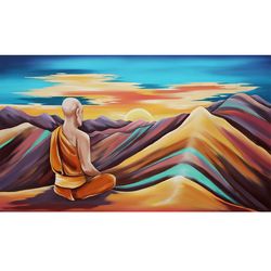 Monk Painting Mountains Original Art Buddhist Wall Art Meditation Artwork MADE TO ORDER