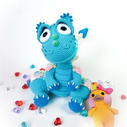 Amigurumi Dragon. Blue crochet dragon toy. Funny baby draco. Stuffed toy dino. Crochet fantasy animal dragon doll.