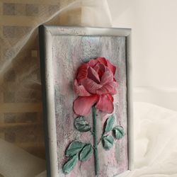 Rose painting, original floral plaster sculpture, palette knife flower, sculpture painting, textured wall decor idea.