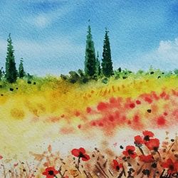 Tuscan Landscape Painting Original Watercolor Art Work Poppies Handscape Painting Floral Tuscan Landscape