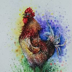 Farm Animals Painting Original Watercolor Art Work On Fabriano Paper 300 gr  Rooster Wall Art